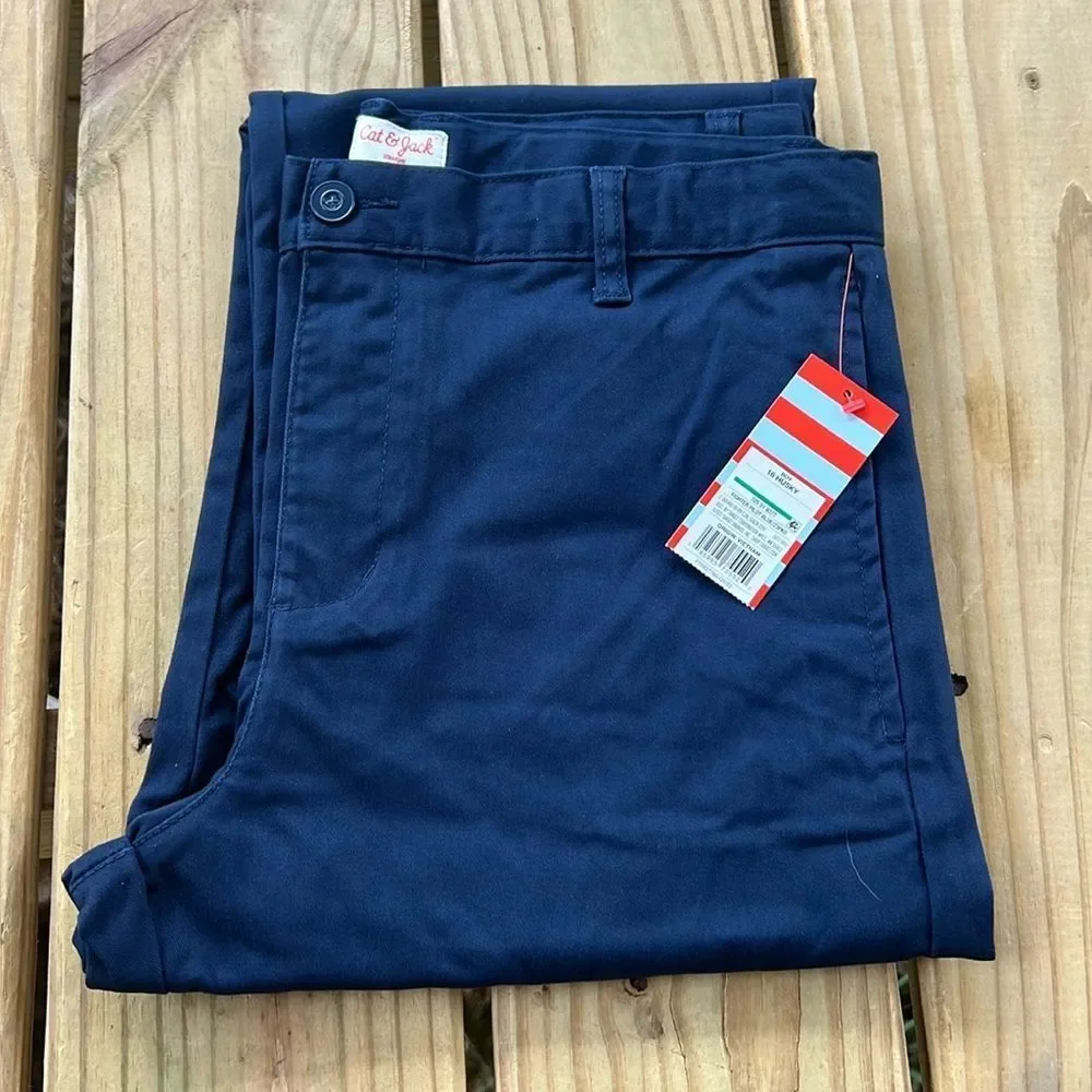 NWT Cat & Jack Boys Navy Flat Front Twill Chino Pants Thanksgiving Holiday Husky